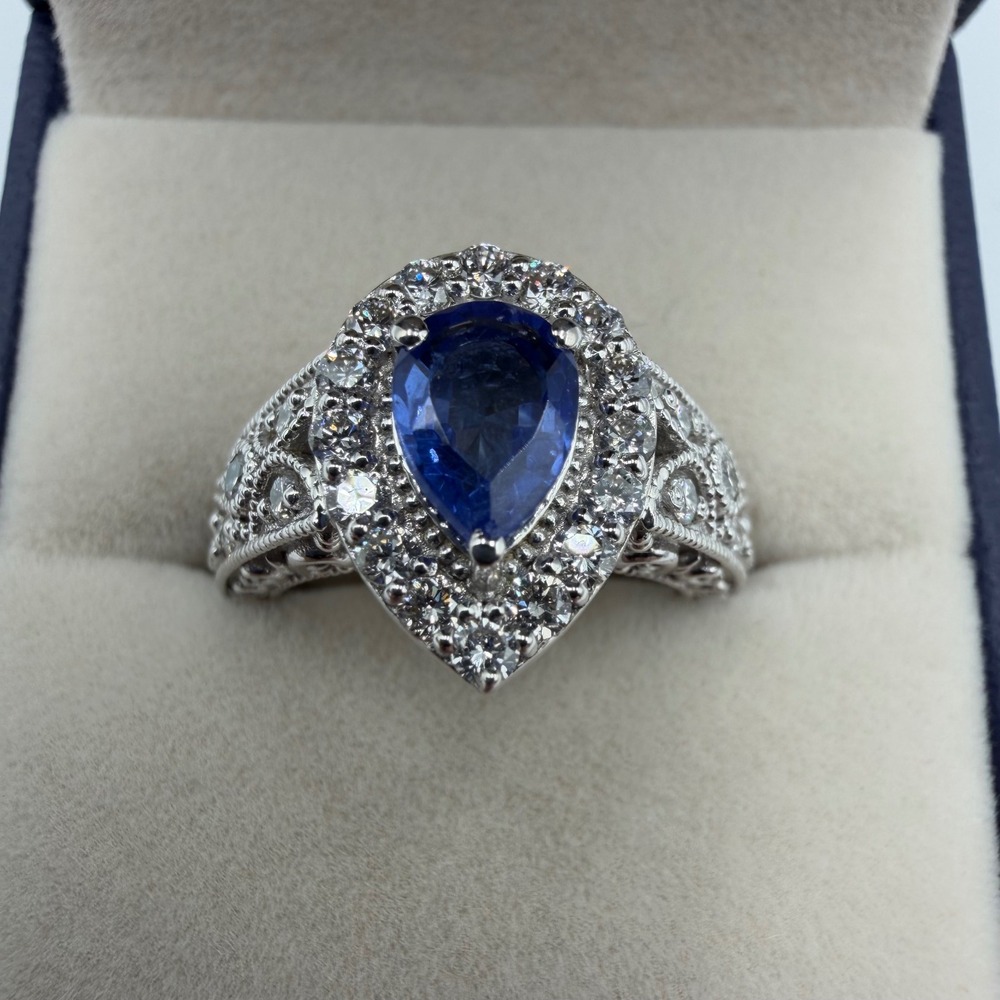 Sterling Silver 2.23ctw Lab Sapphire and Diamond Pear Halo Filigree Ring PGL